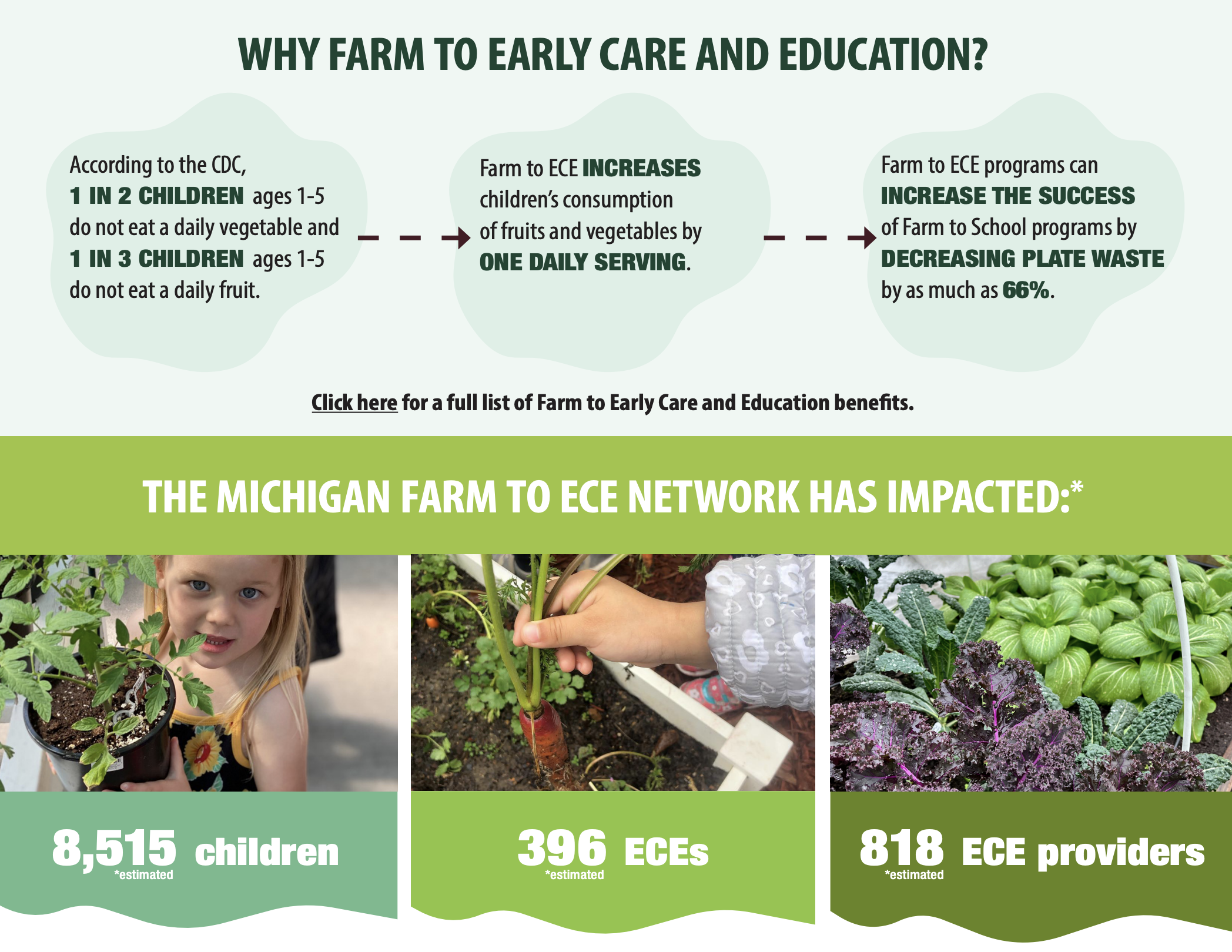 The Michigan Farm to ECE Network has impacted 8515 children, 396 ECEs, and  818 ECE providers.